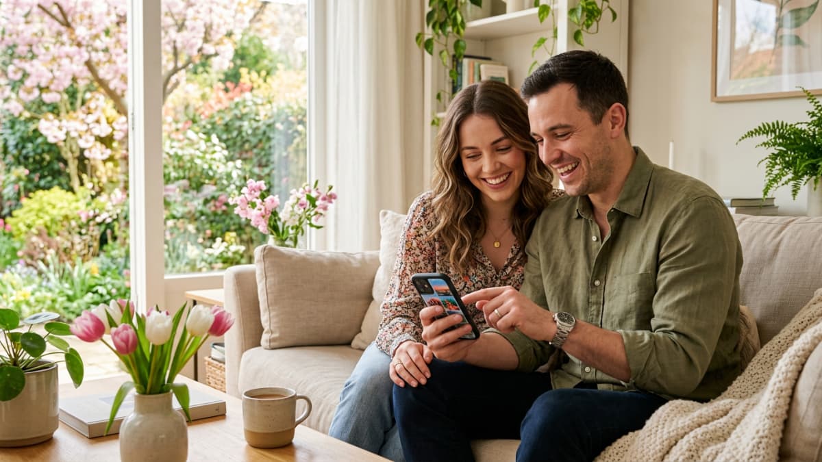 couple qui consulte un téléphone sur son canapé